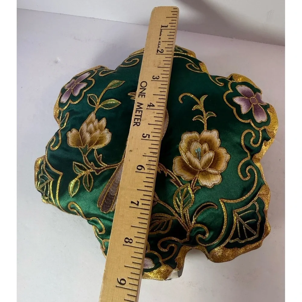 NOS Vintage Silk Chinoiserie Pillow Gold Bullion Metallic Embroidered Green Bird